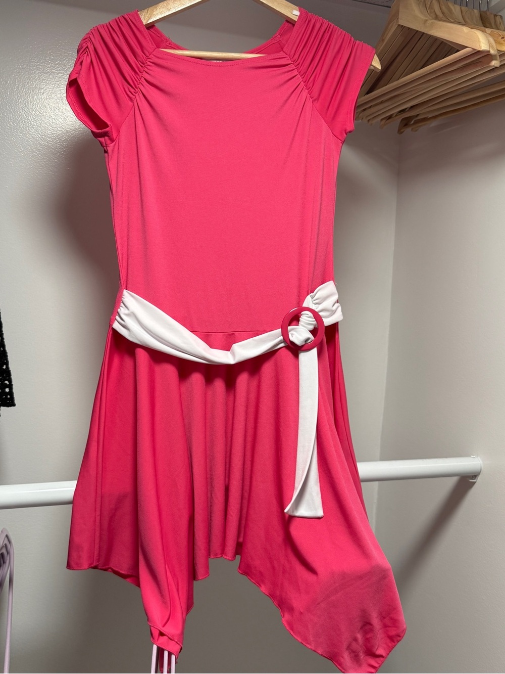 Amy Byer Hot Pink Asymmetrical Dress with White Belt